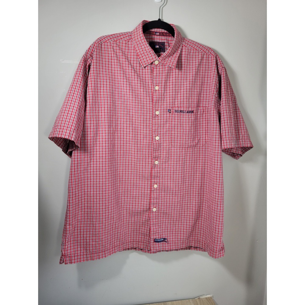 US Polo Men's XL Button Shirt Red White Blue Plaid Short Sleeve